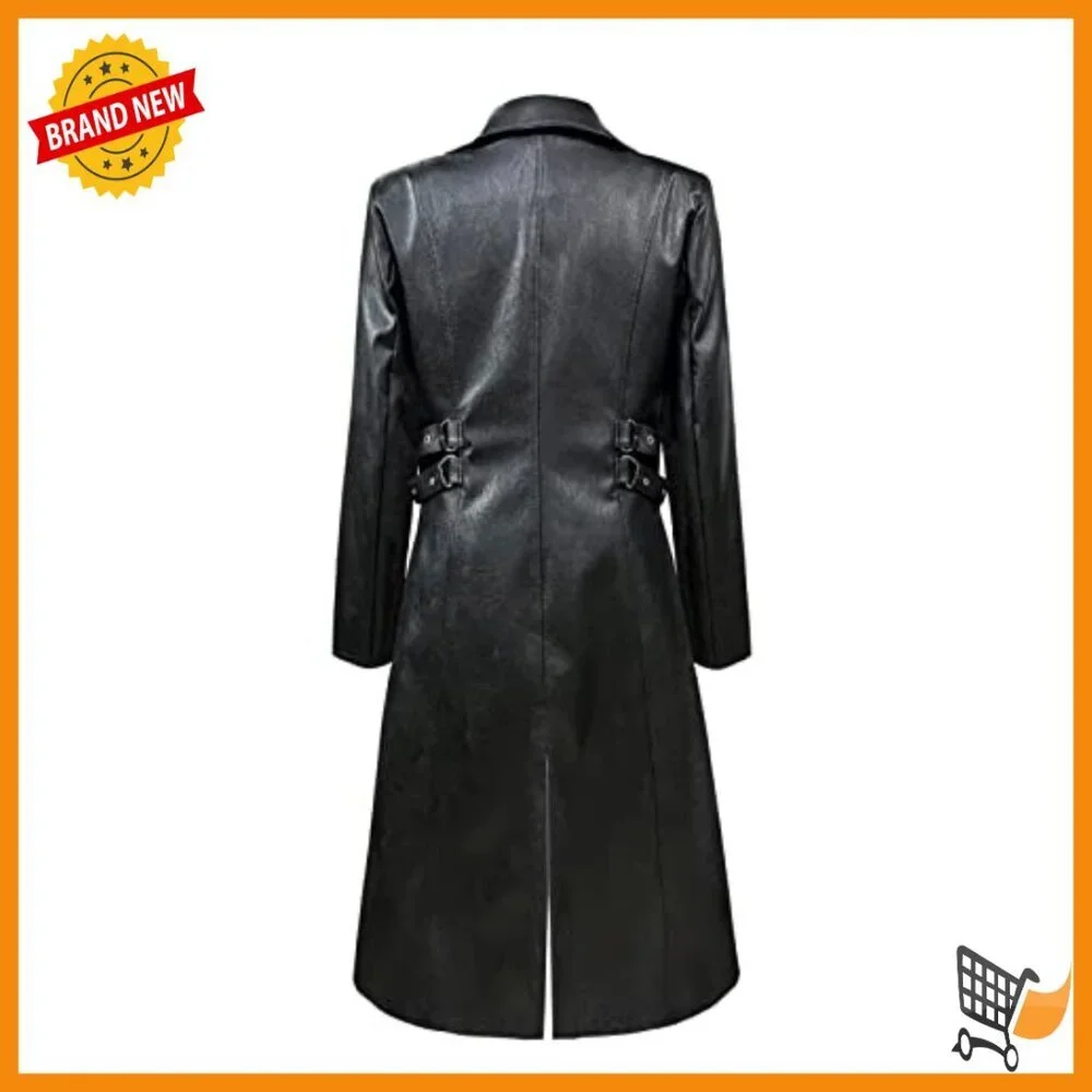 Men's Faux Leather Motorcycle Trench Coat Punk Style Long Jacket